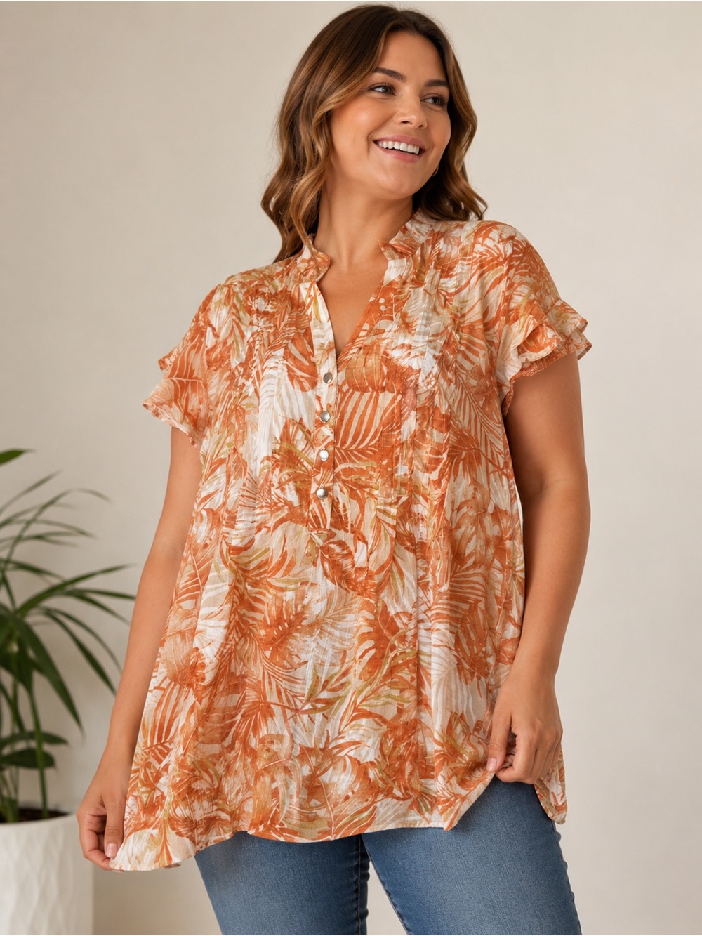 Cocomo Woman Tropical Leaf Flutter Sleeve Top 2X
